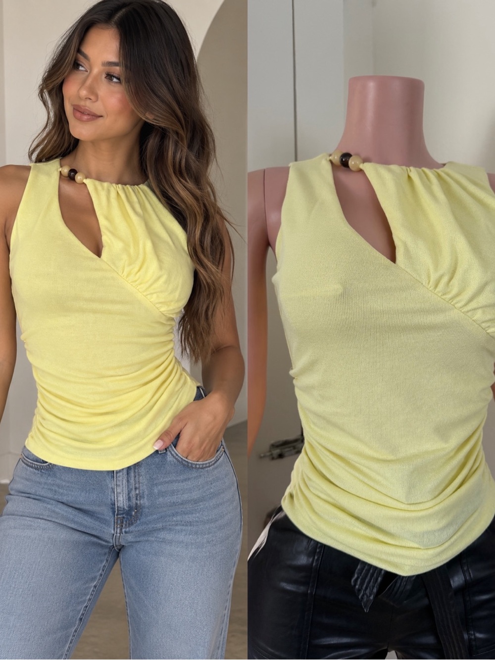 Sleeveless Yellow Twist-Neck Top with Bead Detail